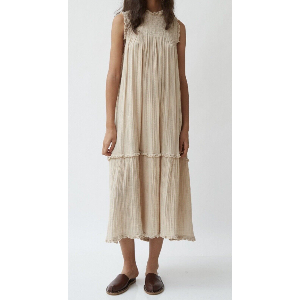 Raquel Allegra Beige Tiered Gauze Midi Dress